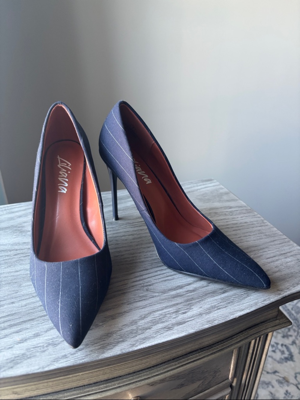 Lira Navy Pinstripe Pointed Toe Stiletto Pumps